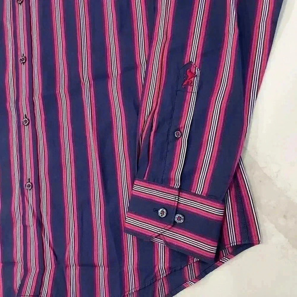Bugatchi Uomo NWT Blue Pink Striped Dress Button Down Shirt Shaped Fit Men Large - Picture 2 of 9